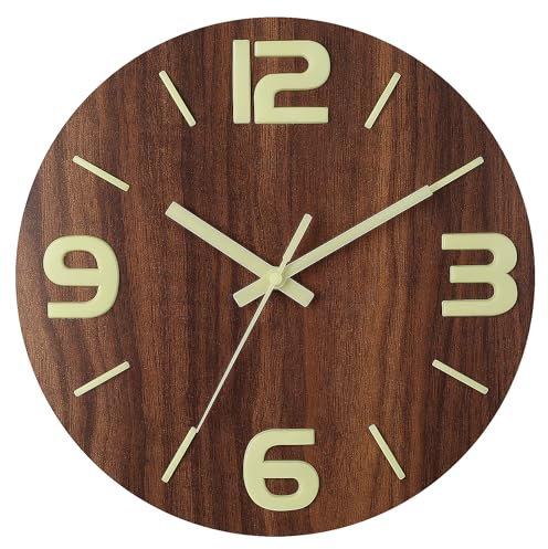 HZDHCLH 30cm Leuchtende Wanduhr Lautlos Schleichende Sekunde mit Arabisch Ziffer ohne Ticken für Dekoration Wohnzimmer, Küche, Büro, Schlafzimmer(Holzfarbe – 3D große Zahlen)
