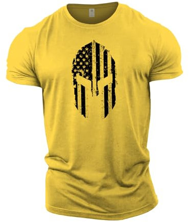 GYMTIER Spartan Helmet USA Flag Men's Gym T-Shirt Bodybuilding Training Workout Lifting Top Clothing, Yellow, L