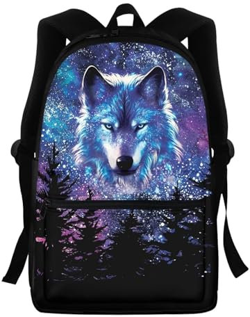 NETILGEN Schulrucksack für Jungen und Mädchen, Büchertasche, Teenager, personalisierbar, Schulrucksack, Wolf Galaxy Forest, One size