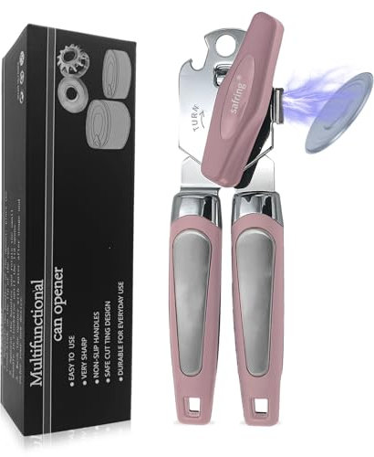 Safring Can Opener Manual with Magnet, Stainless Steel Handheld Heavy Duty Can Opener, Sharp Blade Smooth Edge, Comfortable Handle, Can Openers with Multifunctional Bottle Opener, Pink