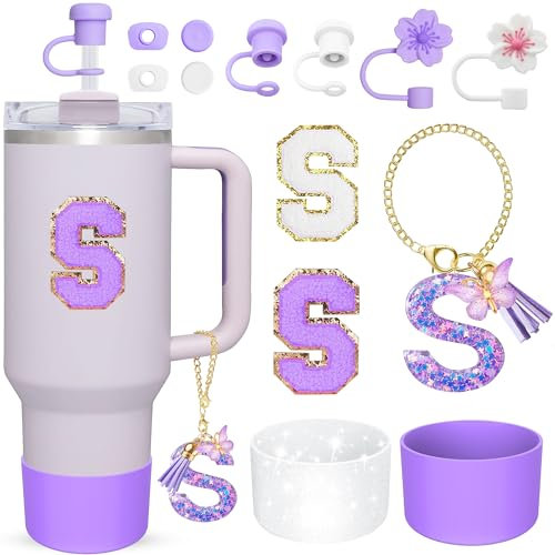 Stanley 13 Pcs Accessories Set for Straw Cover Silicone Boots Compatible with Tumbler 30 oz 40 oz Personalized Initial Name ID A-Z Letter Charm Letter Stickers for Women Girls