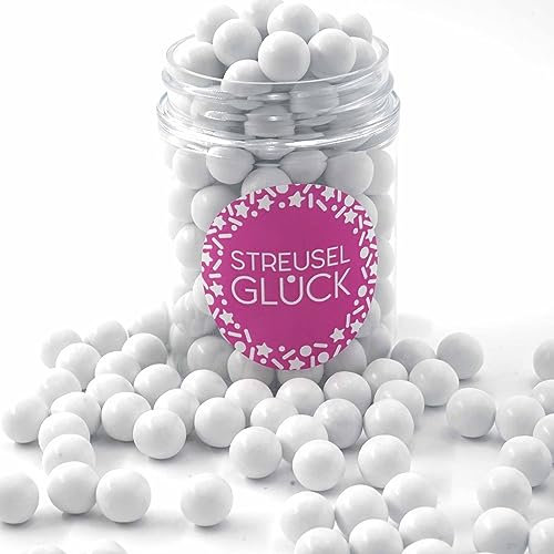STREUSEL GLÜCK Streusel Tortendeko Schokokugeln weiss glanz 90g - Zuckerstreusel Geburtstag Kuchendeko Weihnachten Schokoperlen - Sprinkles Deko Plätzchen Torte Kuchen Cupcakes - essbare Streudeko