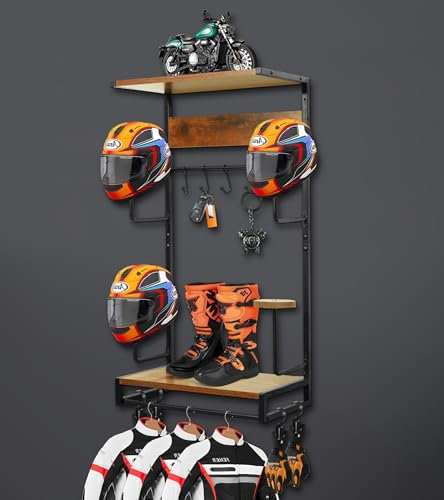 NANXITU Motorcycle Helmet Rack Wall Mount, Retro Rust Holder With Wood Floating Shelf for Accessories Storage, Display Hanger Stand With Clips and Hooks