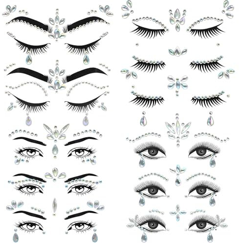 JCUGSBS 4 Pezzi Gemma Viso Gioielli Adesivi per Musica Festival Festa Vacanze, Strass Viso Gemme per Halloween Natale, Viso Glitter Sticker Tatuaggio Temporaneo per Compleanno Carnevale