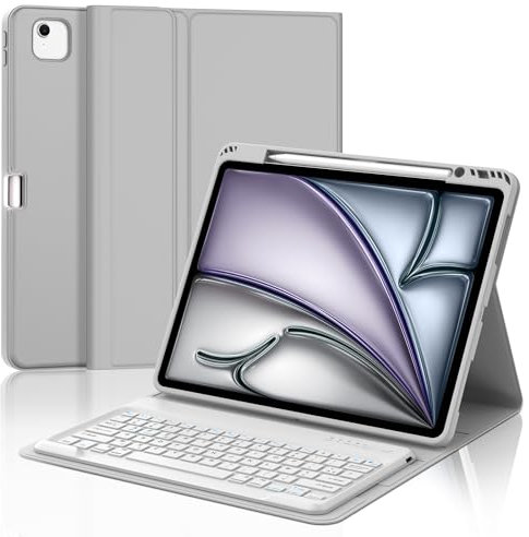 JADEMALL Coque Clavier pour iPad Air 13 Pouces M3/M2 2025/2024, iPad Air 13 Clavier, AZERTY Français Clavier Magnétique Détachable Bluetooth, Gris Clair