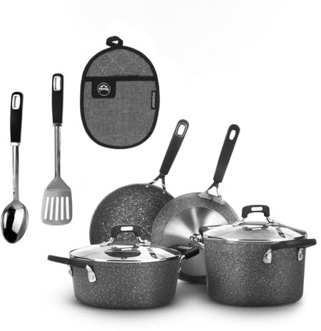 Set pentole e padelle KASANOVA New Petra Dark, antiaderente, induzione e forno fino a 180°C, con presina e cucchiaio (9, Pezzi con mestoli)