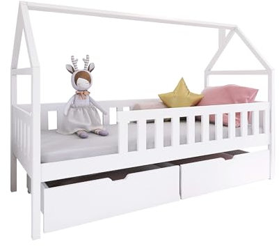 Mirjan24 Kinderbett Darynka mit 2 Schubladen mit Gummirädern und Lattenrost, Hausbett, Funktionsbett aus Kiefernholz, Bett für Kinderzimmer (Weiß, 80 x 180 cm)