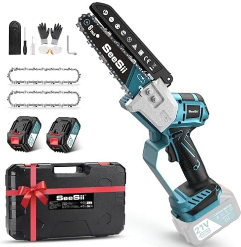 SEESII Motosega a Batteria 6 Pollici, Mini Motosega Senza Spazzole con 2 * 4000 mAh Batterie, Lubrificazione Automatica, Ideale per Esterno e Giardinaggio
