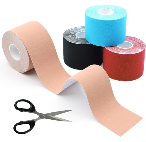 BORISCA 4 Rollen Kinesiologie Tape, 5m x 5cm Physio Tape Sport Tape Set Wasserfestes Sporttape Hautfreundlich Tape Sport mit Spezielle Schere, für Knie Schulter Ellbogengelenke