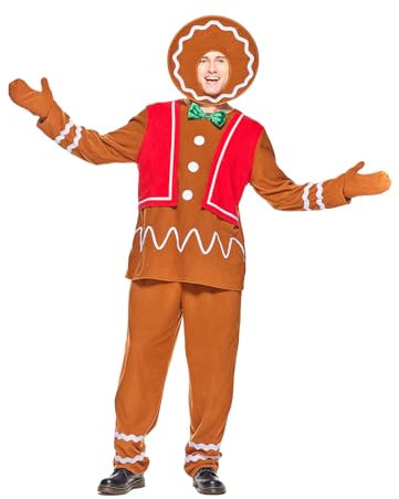 EraSpooky Adult Gingerbread Man Costume Festive Dress with Red Vest and Green Bow Tie