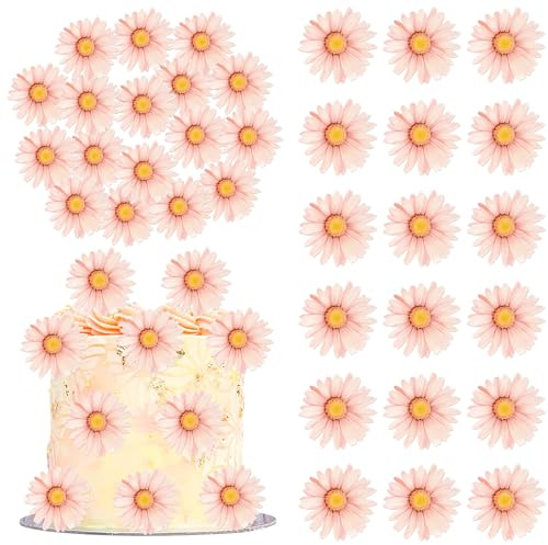 SYKYCTCY 60 Pack Edible Daisy Cupcake Toppers Edible Wafar Paper Spring Bridal Engagement Baby Shower Birthday Party Drink Toppers Anniversary Party Decorations Supplies Pink
