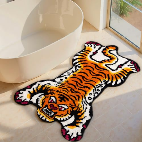 Naoloture Badvorleger mit niedlichem tibetischen Tiger, ultraweich, 60 x 100 cm, ultraweich, getuftet, cooles Tier, rutschfest, flippig, saugfähig, waschbar, Teppich für Schlafzimmer, Wohnzimmer