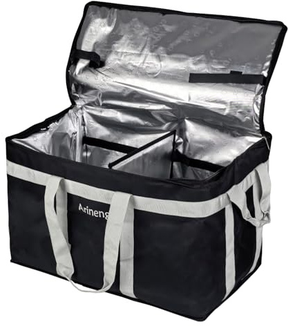 Arineng Isolierte Tasche für kalte Mahlzeiten, integrierte Bodenplatte, für heiße und kalte Speisen, kommerzielle Gastronomie, Transport, 58,4 x 35,6 x 38,1 cm (unterteilt, schwarz)