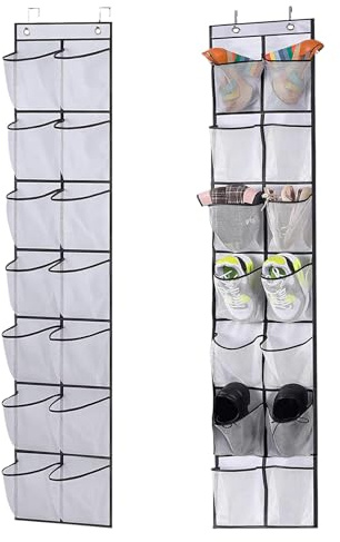 DYHNQE 2 Pcs Hanging Shoe Storage, 28 Large Mesh Pockets Over the Door Shoes Organiser with 4 Hooks Hanging Shoe Rack Holder for Shoes and Small Items Storage (White)