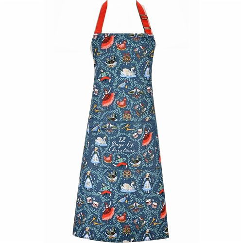 Blue Cotton Apron with 12 Days of Christmas Design by Ulster Weavers
