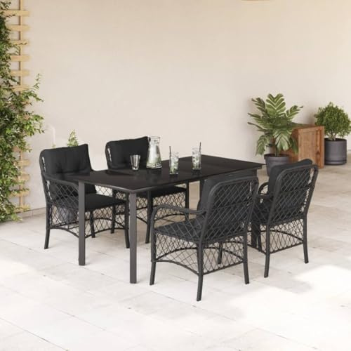 QJBSAVVA 5-TLG. Schwarz Dining-Set 160x80x74 cm aus Poly Rattan & Glasplatte 4 Gartensessel mit 8 Kissen Modernes Design Robust und Pflegeleicht für Balkon Garten Terrasse