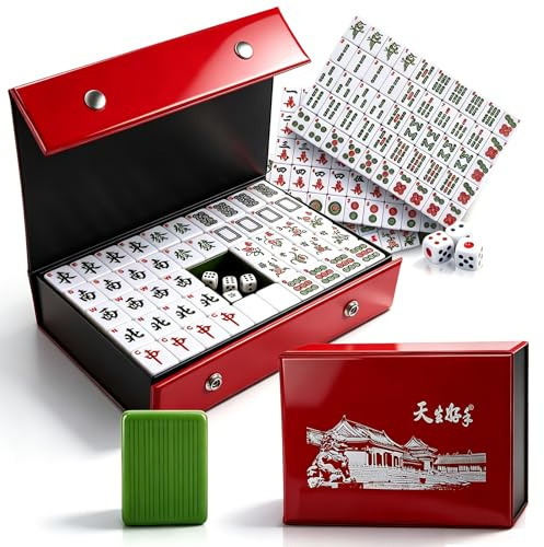 Eirolace Jeu de Mahjong Chinois Grand Format - Set Complet Avec 146 Tuiles 3,0 x 2,25 cm et Étui de Voyage - Tuiles Robustes et Faciles à Lire Pour la Famille, Les Fêtes et Les Voyages (Vert)