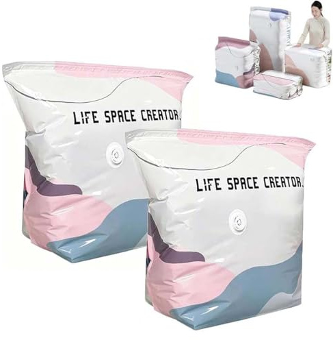 2PCS No‑Pump Vacuum Storage Bags – Press & seal, no pump needed, Reusable Space Saving Compression Bags, Moisture & Dust Proof Vacuum Storage Bag for Clothes, Bedding, Moving, Travel (M+L)