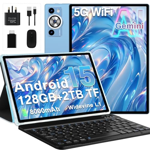 DEERTiME Tablet 10 Inch Android 15, 30GB RAM+128GB ROM(TF 2TB), Gemini AI, GMS, 8000mAh, Face ID, Octa Core 2.0GHz/BT5.0/GPS/Widevine L1/8MP+5MP/Widgets/5G WiFi Tablet with Keyboard & Mouse - Blue