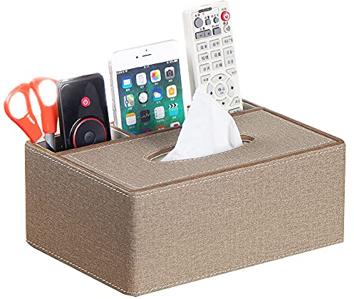 Multifunktionaler Leder-Stiftehalter und Taschentuchbox-Abdeckung, Schreibtisch-Aufbewahrungsbox für Zuhause und Büro (braunes Stoff)