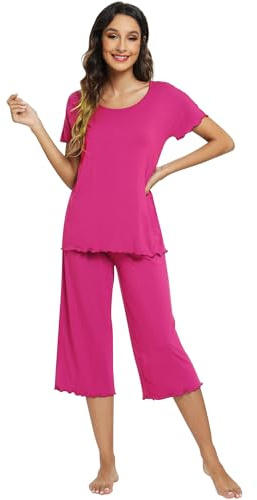 WiWi Schlafanzug aus Bambus-Viskose für Damen, weiche Caprihose, Pyjama-Set, Übergröße, Nachtwäsche, Pyjama, Loungewear, Größe S-4XL, A-Magenta, 4XL Große Größen