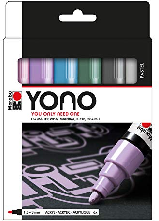 Marabu 1240000004003 - YONO Marker Set Pastell mit 6 Farben, vielseitige Acrylstifte mit japanischer Rundspitze 1,5 - 3 mm, wasserbasiert, lichtecht und wasserfest, für nahezu alle Untergründe