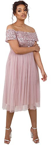 Maya Deluxe Women's Ladies Bardot Dresses Midi High Empire Waist Sequins Embellished Formal Evening for Wedding Guest Bridesmaid, Frosted Pink, 22