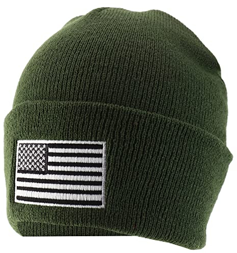 Armycrew Made in USA Grey American Flag Embroidered Knit Cuff Long Beanie, olivgrün, Einheitsgröße