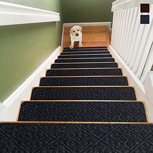 Maxmass 15 PCS Carpet Stair Treads, 76 x 20cm Self-Adhesive Safety Stair Mats, Non-slip Step Protection Rug Cover for Kids, Elders and Pets (Grey)