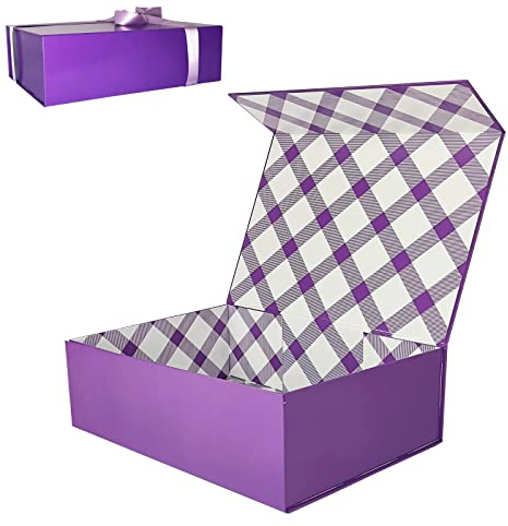Tekhoho Lila Große Geschenkbox 33x23.7x10 cm, Premium Geschenkbox mit Magnetdeckel und Geschenkband für Feiertage Hochzeit Geburtstag Geschenkverpackung, Kariertes Innenfutter
