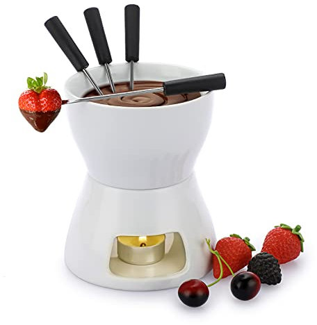 BSTKEY 400ML Ceramic Butter Warmer Set with 4 Forks, Fondue Pot Melting Pot Set, Melt Hot Pot Bowl Set For Cheese Chocolate Butter Caramel