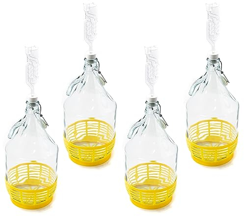 WYSKONT Bouteille bonbonne à col étroit avec couvercle pivotant, panier de protection, sas et bouchon pour la fabrication du vin, la fermentation, le stockage des boissons, verre transparent, 4 x 5 L