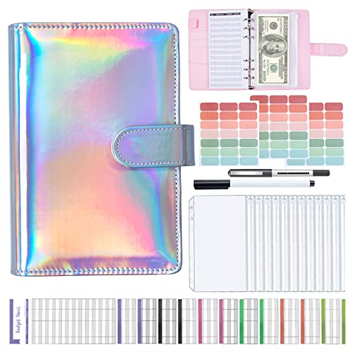 Budget Planner Budget Binder - ANYUKE A6 Budget Planner Geldumschläge Umschlagmethode, Budgetplaner Geld Organizer Sparbuch mit Folien für Finanzplaner, Geld Sparen Mappe, Cash Stuffing - Laser Silber