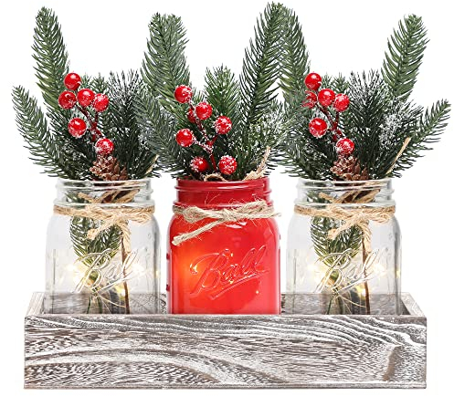 Christmas Mason Jars, Christmas Centerpiece Table Settings, Wood Tray with 3 Painted Jars, Dining Coffee Table Centerpiece, For Kitchen, Living Room, Christmas Mason Jar Decor with Flowers (Red)