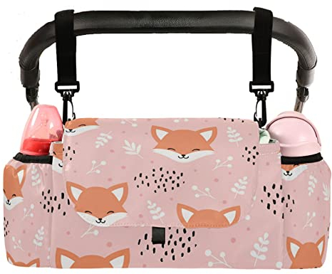 MCHIVER Niedlicher Fuchs-Baby-Kinderwagen-Organizer mit verstellbaren Riemen, rutschfester Buggy-Caddy mit Getränkehaltern, großes Fassungsvermögen, Kinderwagen-Tasche für Spielzeug, Snacks, Handy,