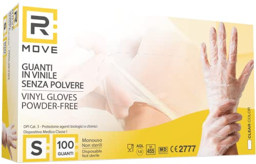 R MOVE 100 Guanti in VINILE NUOVO MODELLO senza polvere, senza lattice, ipoallergenici, certificati CE monouso trasparenti (S)