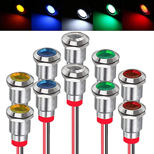 RUNCCI-YUN 10pcs 12-24v 12mm DC Voyant Led En Metal,Led Indicateur Panneau,Temoin Lumineux 12v, Pour Van,Bateau Et Autres Vehicules Universel(vert × 2 jaune × 2 rouge × 2 bleu × 2 blanc × 2)
