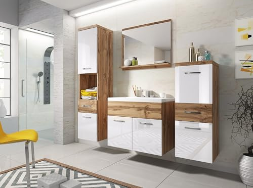 MINIO go for it - Badezimmer möbel ALO, 4-Teilig Badmöbel Set mit Spiegel | 1x Badezimmer Spiegel mit Ablage, 1x Waschtisch Mit Unterschrank, 2x Badezimmerschrank, Wotan Eiche/ Weiß Hochglanz