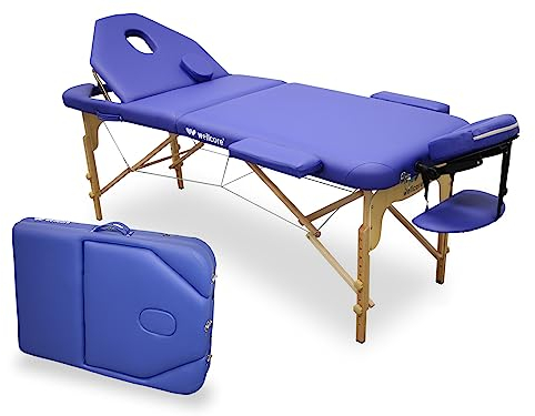 WELLCORE Faltbare Massageliege aus Holz, mit aufklappbarer Rückenlehne, Plus, 185 x 65 cm, Kunstleder, höhenverstellbar, Abnehmbarer Kopf, Gesichtsloch, Blau, bis 225 kg