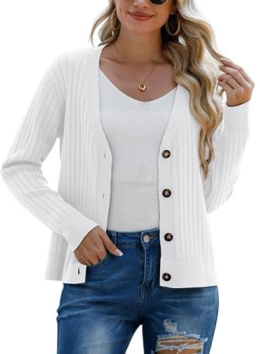 PrinStory Women's Cardigans Soft Open Front Sweater Ribbied Knit Button Down Cardigans Long Sleeve Top Knitted Outwear (White, XL)
