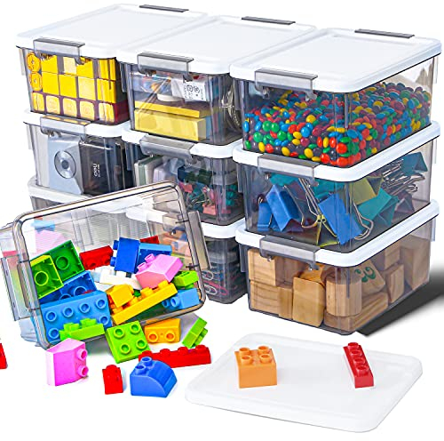 Citylife 1.25L 10 Pack Small Storage Bins Plastic Storage Container Stackable Box with Lids for Organizing, Clear Grey