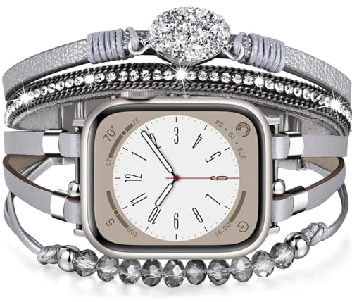 VISOOM Beaded Boho Kompatibel mit Apple Watch Armband 40mm/38mm/41mm/42mm Series 10/9/8/7/SE 6/5/4 Frauen Leder Mode Niedlich Handmade Multilayer Wrap Watch Strap iWatch Bands 3/2/1 Replacement,Gray