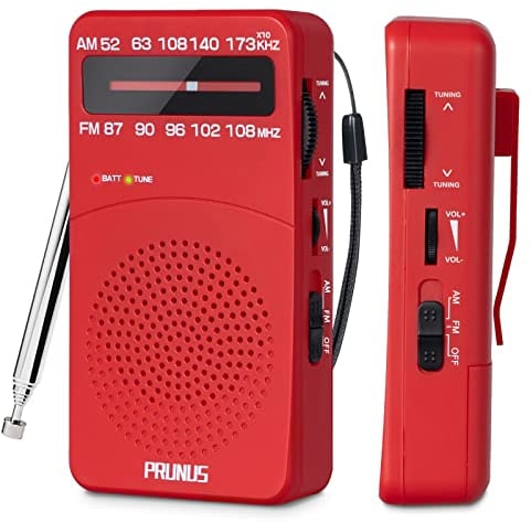 PRUNUS J-166 AM FM UKW Radio Batteriebetrieben, Transistorradio Weltempfänger Radio mit großartiger Empfang, Mittelwellenradio mit Stromanzeige, Rückclip &lautem Lautsprecher zum Reisen, Camping(Rot)