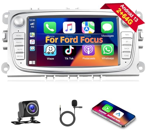 Podofo Autoradio für Ford Focus C-Max S-Max Mondeo Kuga Galaxy Mondeo Kuga with Wireless Carplay Android Auto, 2+64G Android 13 Radio mit 7 Bildschirm, GPS, WiFi, RDS + Rückfahrkamera & Mic, Weiß