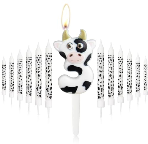 White Black Cow Birthday Candle,Cow Number 3 Candle for Cake, Girls Boys 3rd Birthday Decorations, Cowboys Cowgirl Birthday Party Decorations, Farm Animal Themed for Girl Boy Party Decor