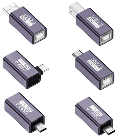 Adaptador USB-C/USB B/USB-A/Micro USB/Mini USB macho a MIDI hembra, adaptador de impresora Mini USB macho a USB B, adecuado para impresoras, MIDI, sintetizadores de piano eléctrico y otros (6 Pieza)