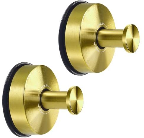 JOMOLA Suction Cup Towel Hooks for Bathroom Gold Shower Hooks Stainless Steel Suction Tea Towel Holder for Kitchen Sucker Hook for Glass Wall Vacuum Towel Hanger Brushed 2PCS