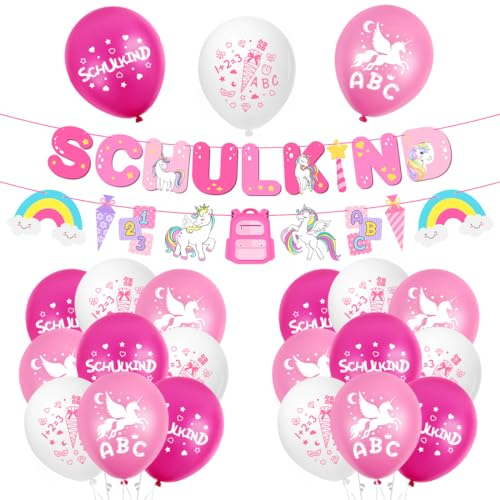 Einschulung Deko Mädchen, Schuleinführung Schulanfang Deko Set,Schulkind Luftballon Rosa Einhorn,Rosa Schulkind Banner und Latex Luftballon,Schulkind Einschulung deko für Mädchen
