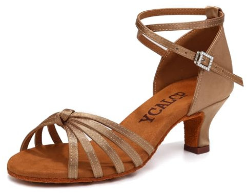 YCALCP Women's Latin Dance Shoes Satin Ballroom Salsa Tango Practice Dance Shoes,EM217-Beige-2 Inch,5.5 UK