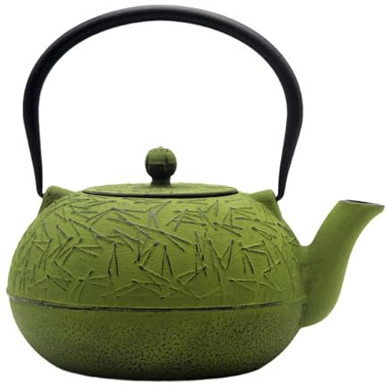 YJX Große Teekanne aus Gusseisen, großer Teekessel für Herdplatte, grüner Gusseisen-Wasserkocher mit Edelstahl-Teesieb für losen Tee und Teebeutel (1800 ml)